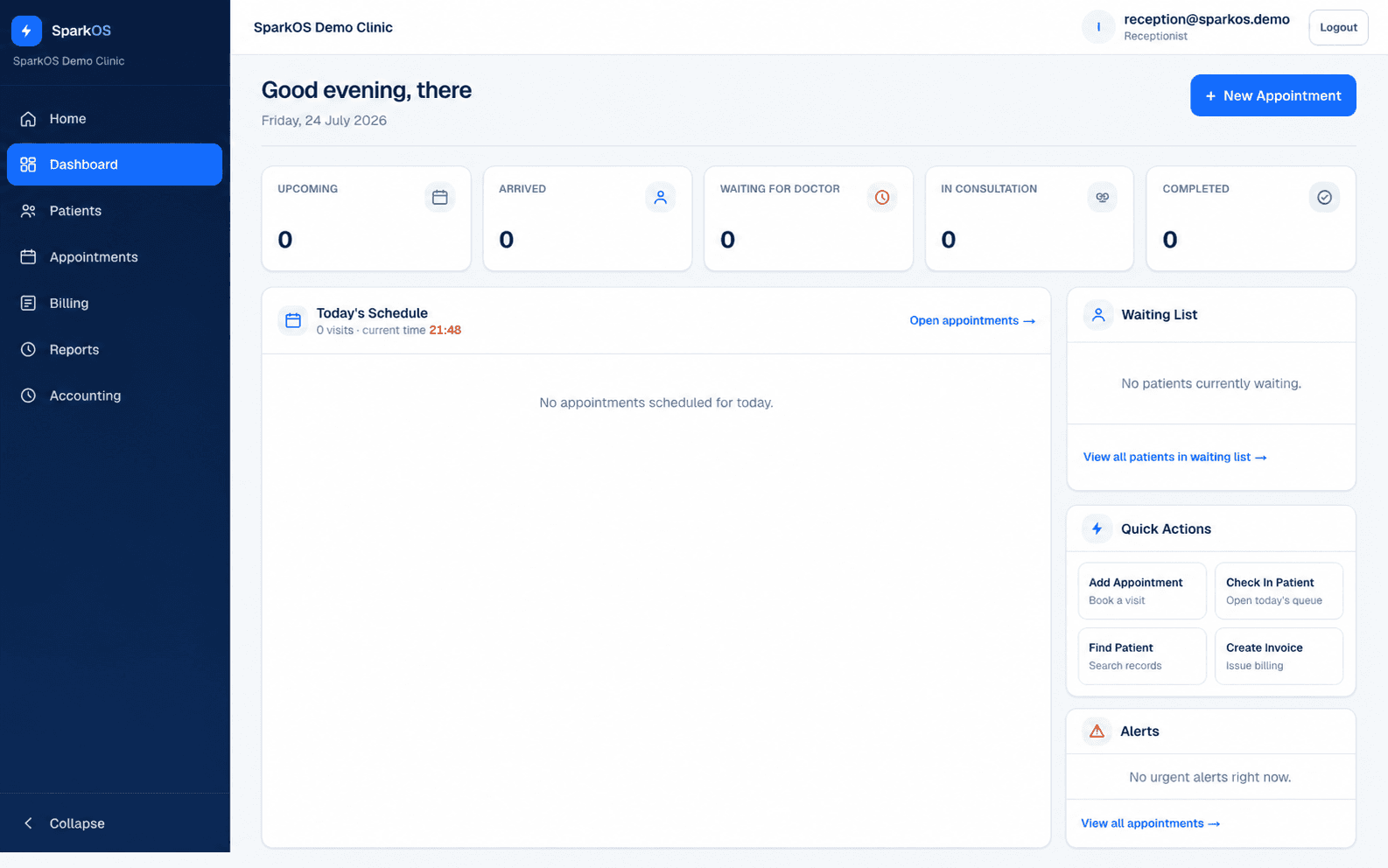 SparkOS receptionist dashboard showing appointments, patient waiting list, quick actions, billing, reports, and accounting navigation