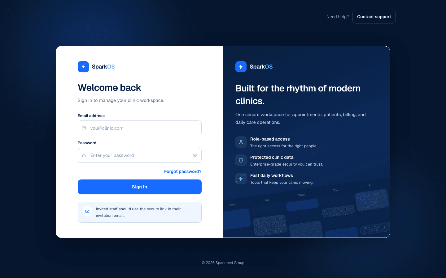 SparkOS secure login screen with role-based access, protected clinic data, and fast workflow messaging